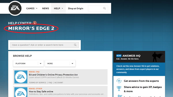 《鏡之邊緣2》幫助頁(yè)面身現(xiàn)EA官網(wǎng)